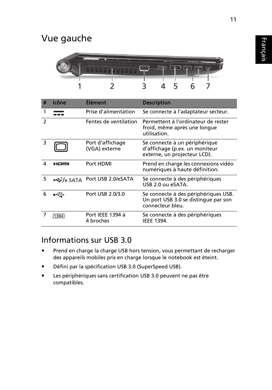 Vue gauche, Français, Informations sur usb 3.0 | Acer Aspire 5951G User Manual | Page 27 / 440