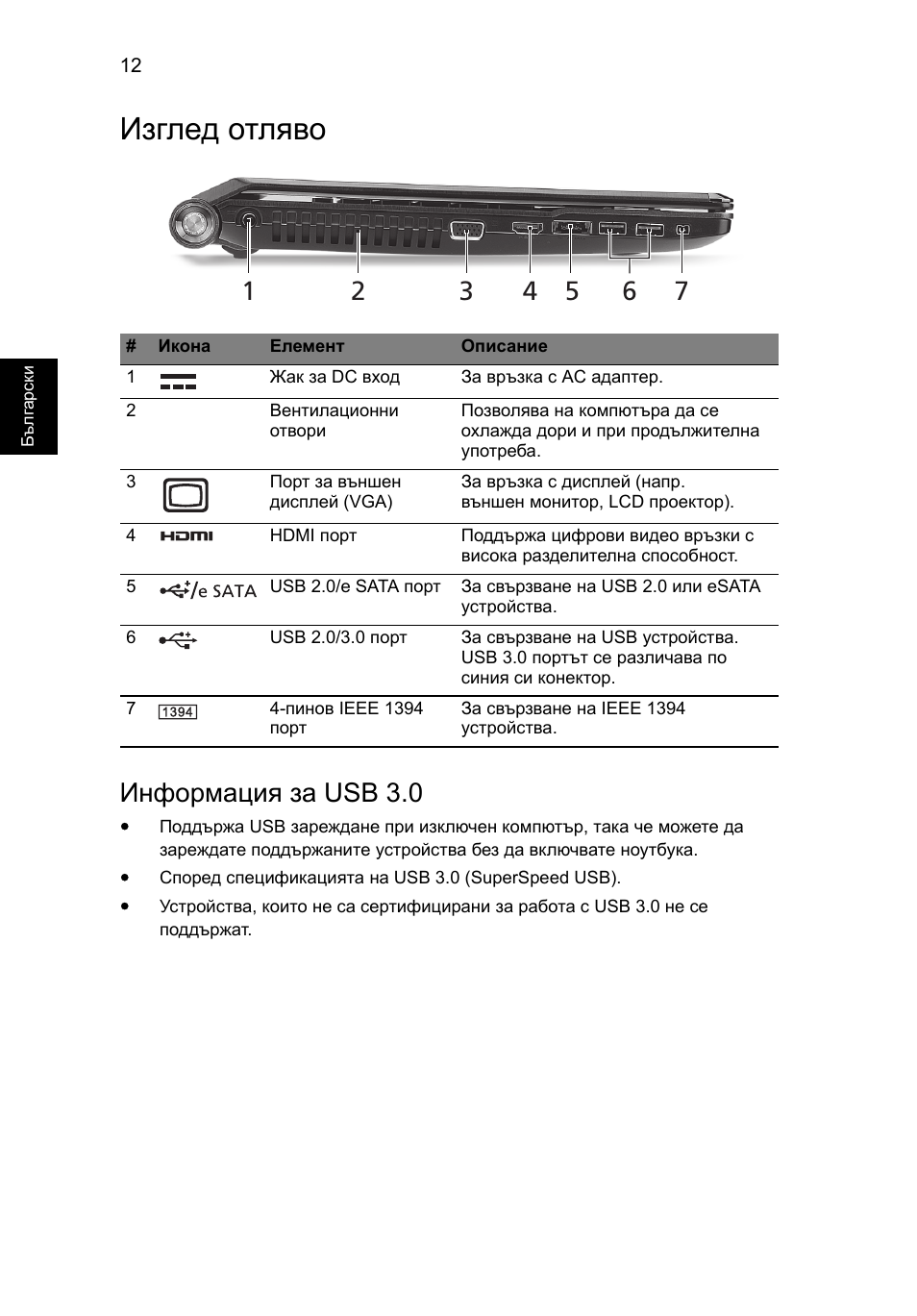 Изглед отляво, Информация за usb 3.0 | Acer Aspire 5951G User Manual | Page 286 / 440