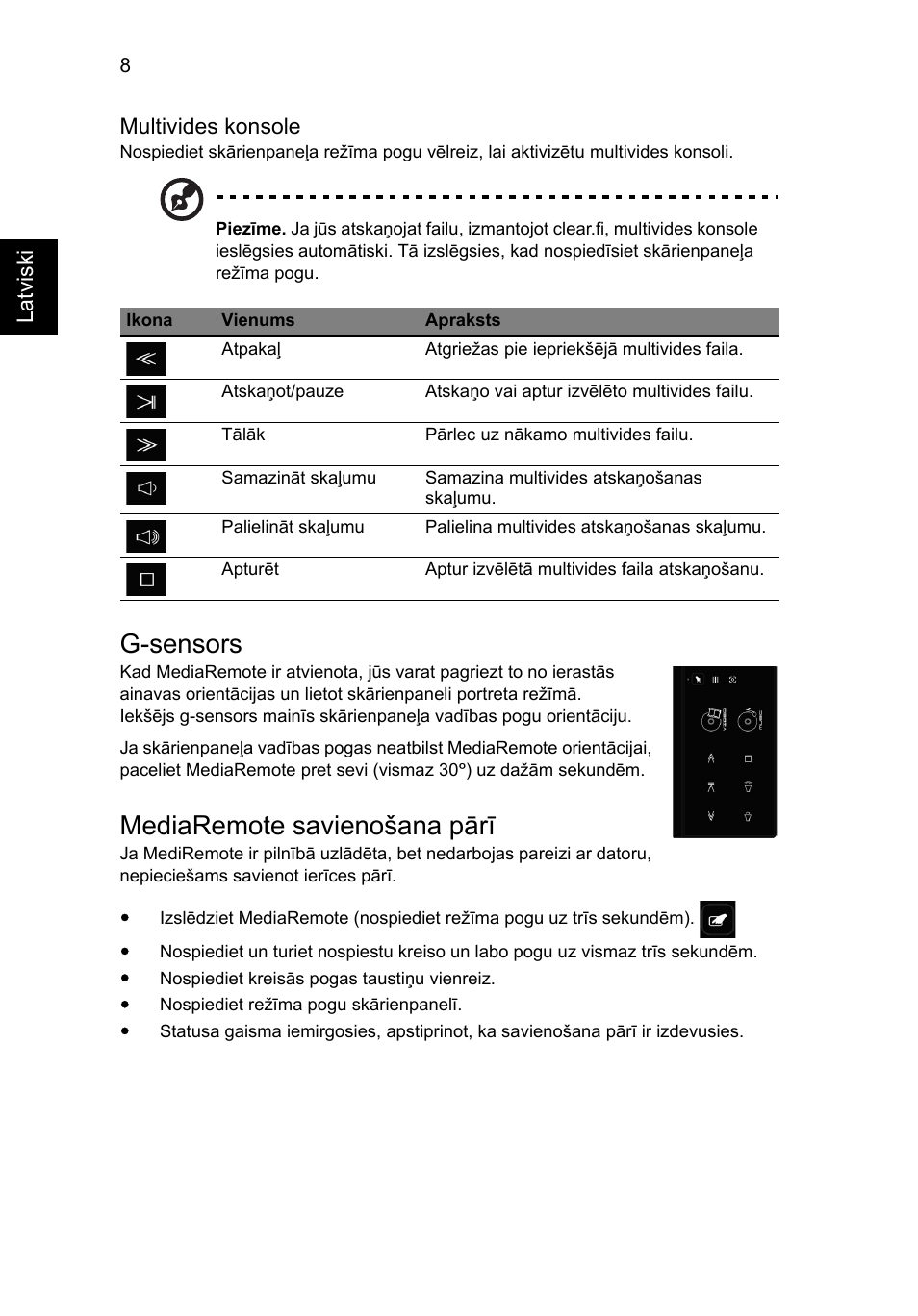 G-sensors, Mediaremote savienošana pārī | Acer Aspire 5951G User Manual | Page 310 / 440