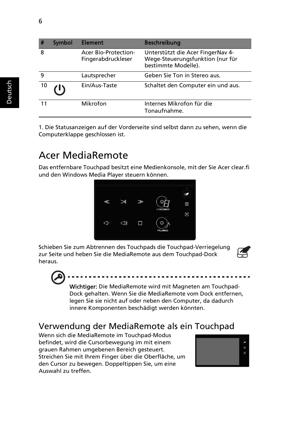 Acer mediaremote, Verwendung der mediaremote als ein touchpad | Acer Aspire 5951G User Manual | Page 36 / 440