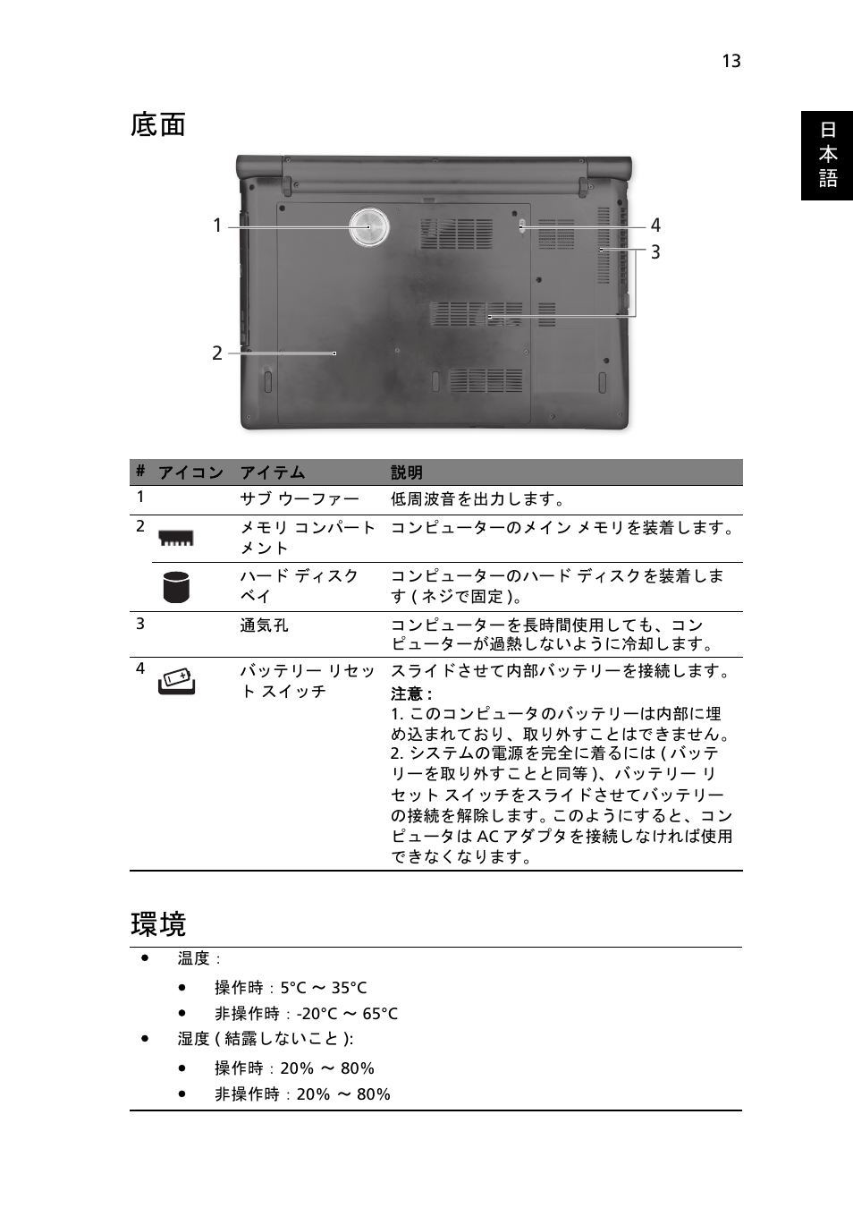 底面 環境 | Acer Aspire 5951G User Manual | Page 373 / 440