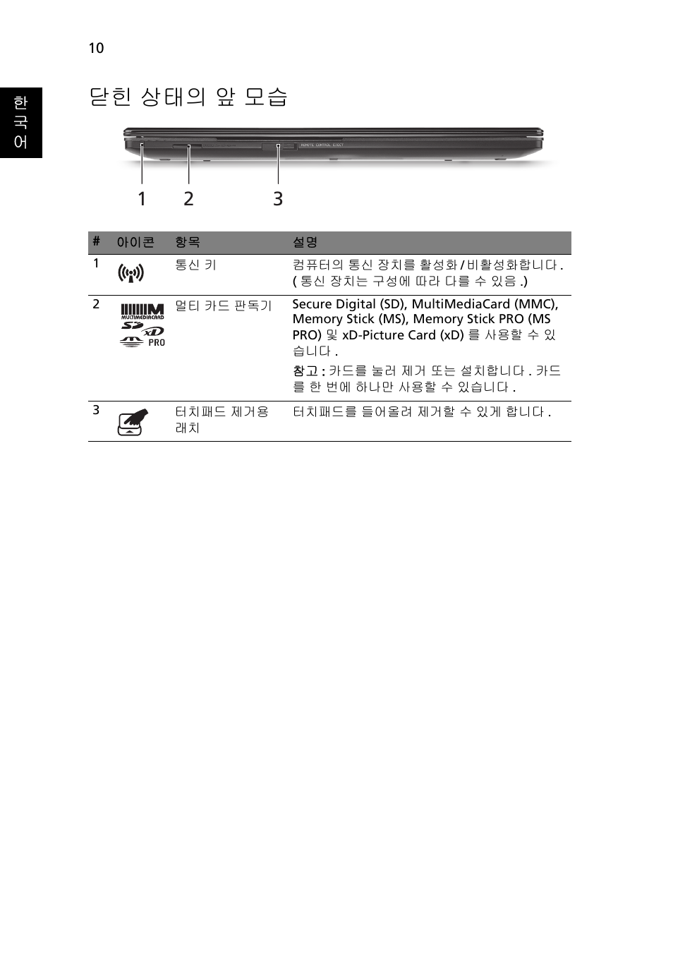 닫힌 상태의 앞 모습 | Acer Aspire 5951G User Manual | Page 384 / 440