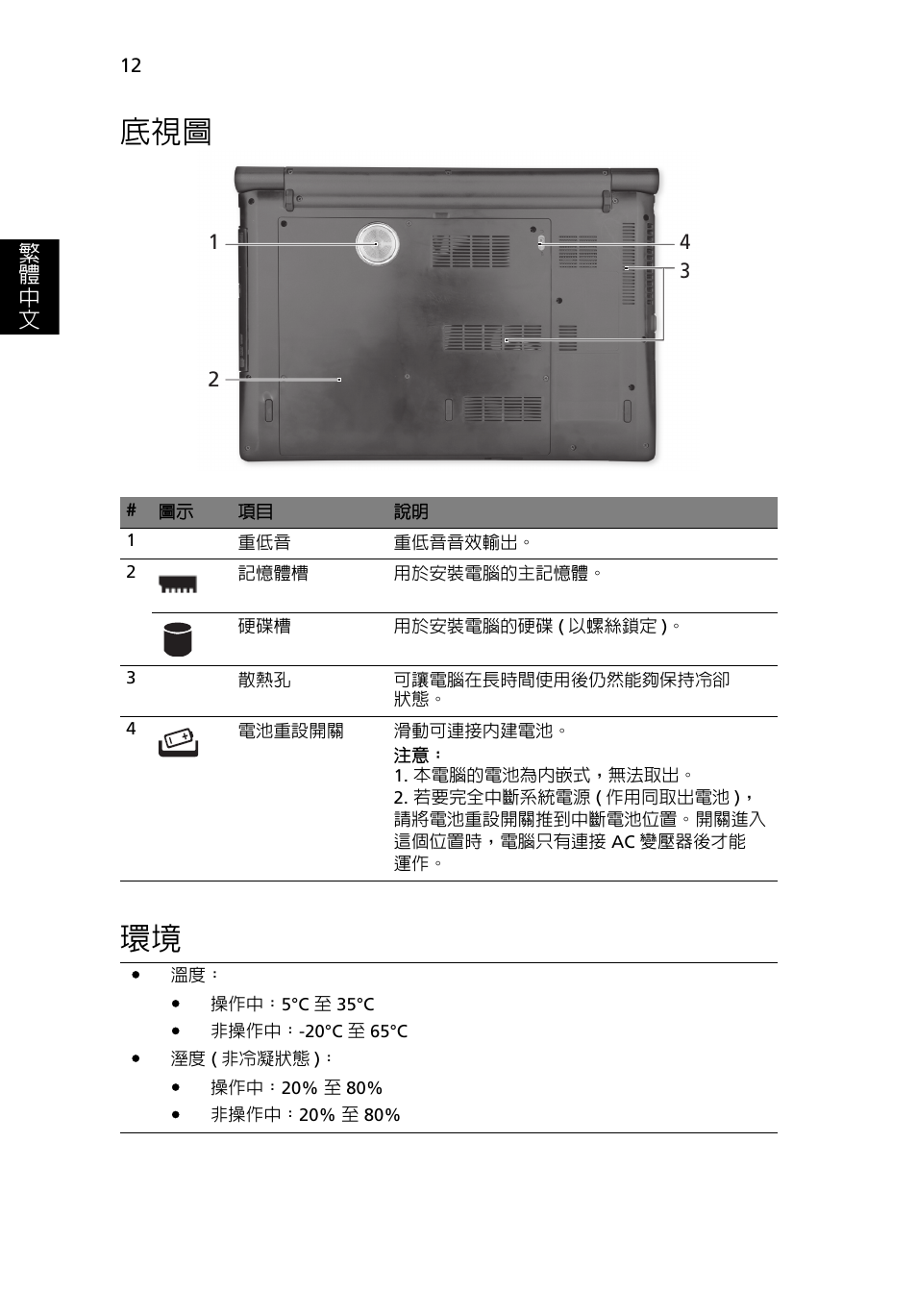 底視圖 環境 | Acer Aspire 5951G User Manual | Page 400 / 440