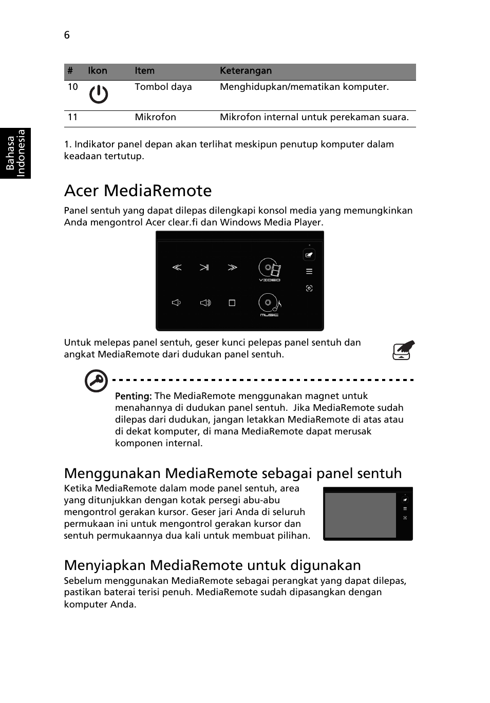 Acer mediaremote, Menggunakan mediaremote sebagai panel sentuh, Menyiapkan mediaremote untuk digunakan | Acer Aspire 5951G User Manual | Page 418 / 440