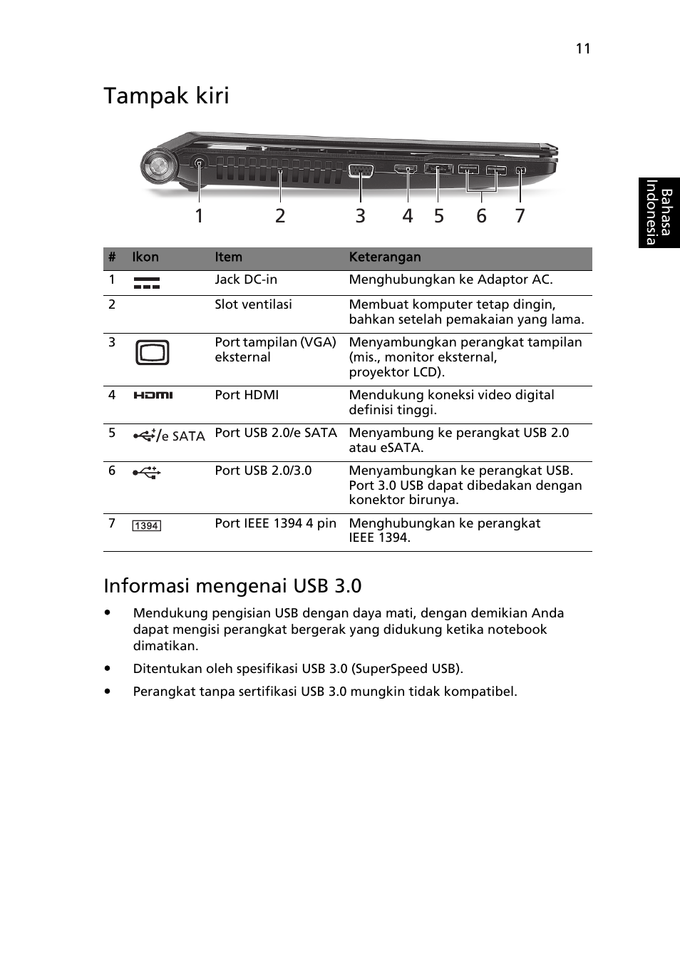 Tampak kiri, Informasi mengenai usb 3.0 | Acer Aspire 5951G User Manual | Page 423 / 440