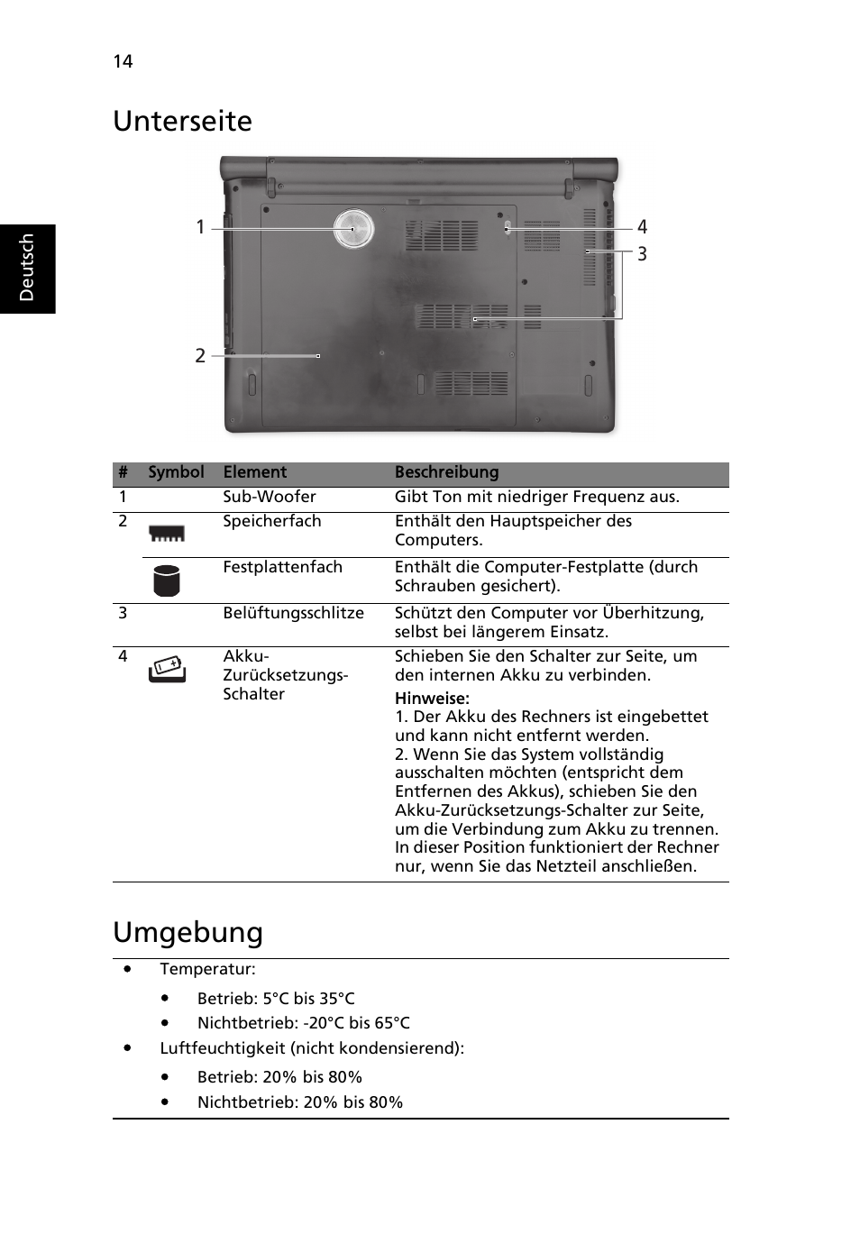 Unterseite, Umgebung, Unterseite umgebung | Acer Aspire 5951G User Manual | Page 44 / 440