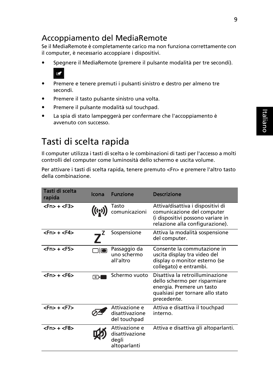 Tasti di scelta rapida, Accoppiamento del mediaremote | Acer Aspire 5951G User Manual | Page 53 / 440
