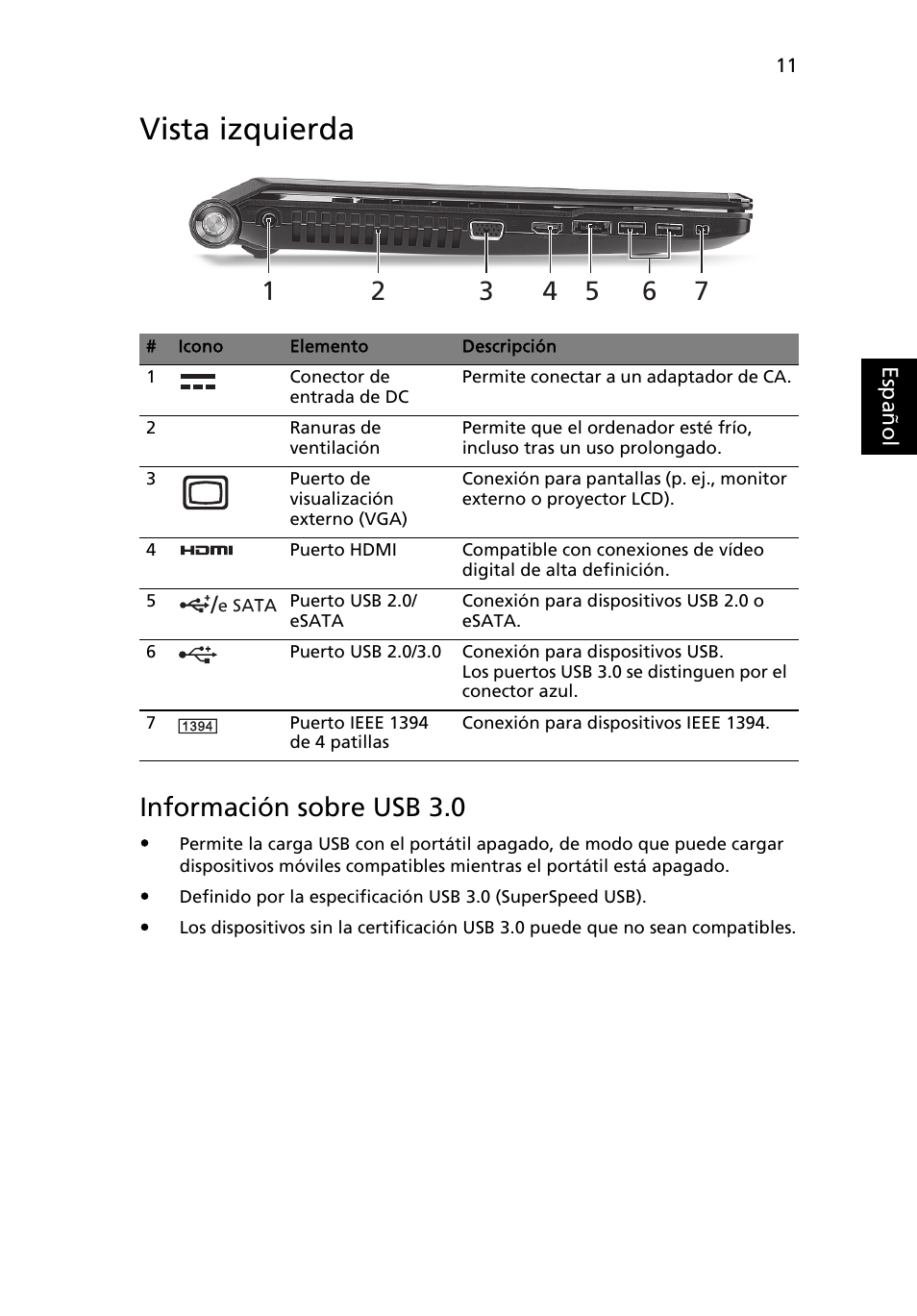 Vista izquierda, Información sobre usb 3.0 | Acer Aspire 5951G User Manual | Page 69 / 440