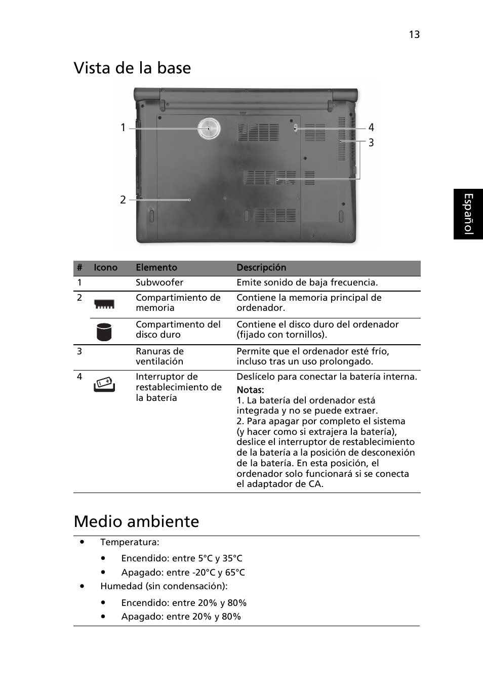 Vista de la base, Medio ambiente, Vista de la base medio ambiente | Acer Aspire 5951G User Manual | Page 71 / 440