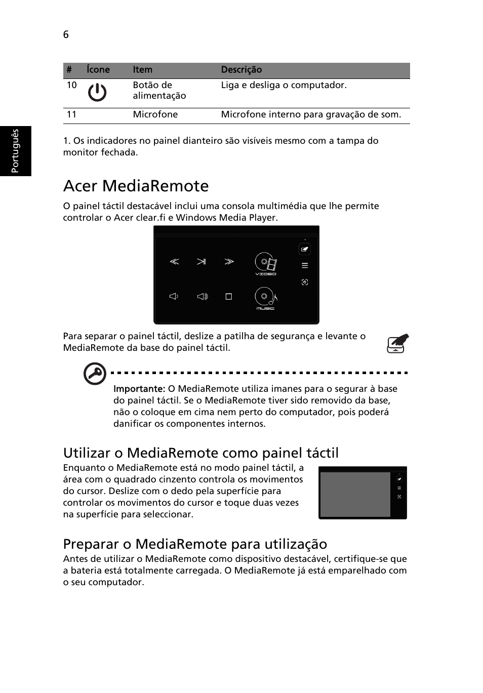 Acer mediaremote, Utilizar o mediaremote como painel táctil, Preparar o mediaremote para utilização | Acer Aspire 5951G User Manual | Page 82 / 440