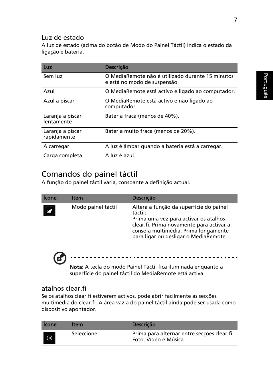 Comandos do painel táctil | Acer Aspire 5951G User Manual | Page 83 / 440