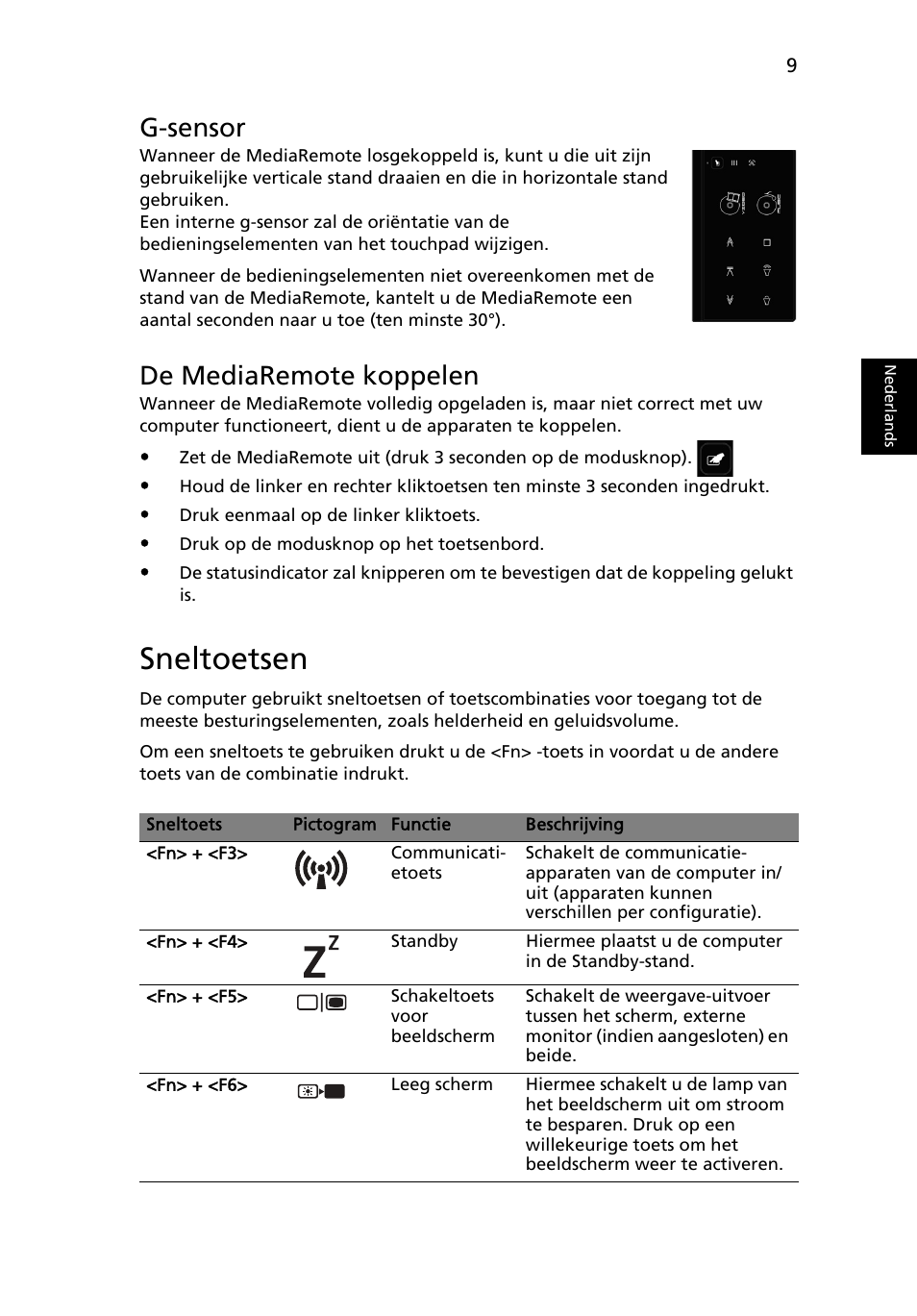 Sneltoetsen, G-sensor, De mediaremote koppelen | Acer Aspire 5951G User Manual | Page 99 / 440