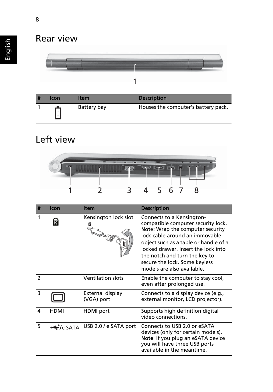 Rear view, Left view | Acer Aspire 8943G User Manual | Page 10 / 370