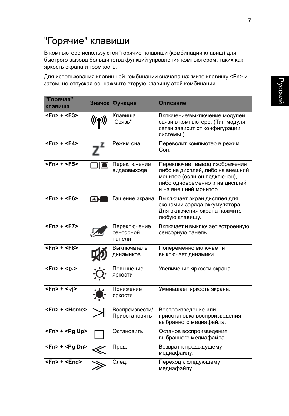 Горячие" клавиши, Ру сский | Acer Aspire 8943G User Manual | Page 141 / 370