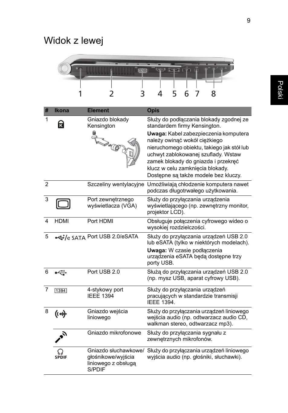 Widok z lewej | Acer Aspire 8943G User Manual | Page 155 / 370