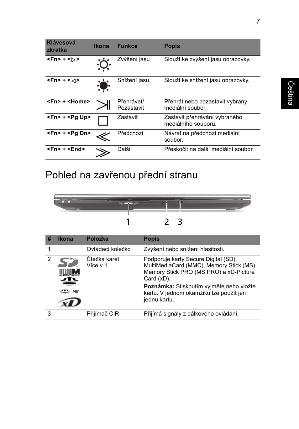 Pohled na zavřenou přední stranu | Acer Aspire 8943G User Manual | Page 177 / 370