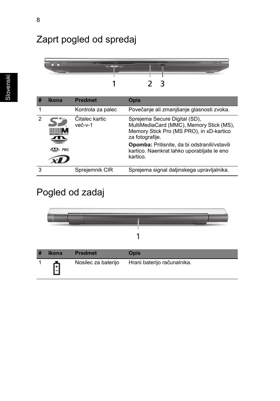 Zaprt pogled od spredaj, Pogled od zadaj, Zaprt pogled od spredaj pogled od zadaj | Acer Aspire 8943G User Manual | Page 202 / 370