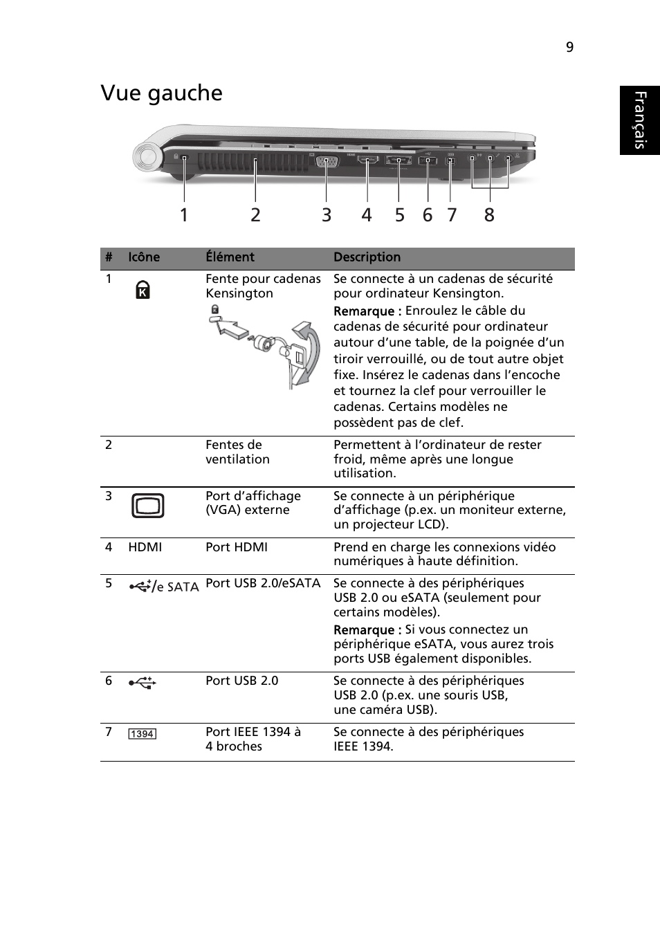 Vue gauche, Français | Acer Aspire 8943G User Manual | Page 23 / 370