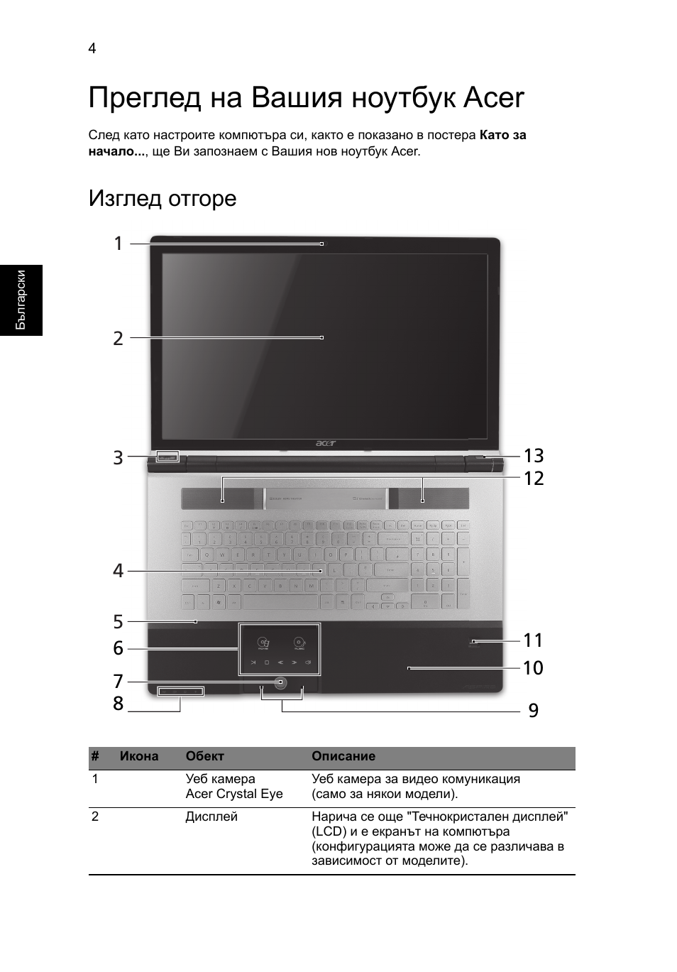 Преглед на вашия ноутбук acer, Изглед отгоре | Acer Aspire 8943G User Manual | Page 234 / 370