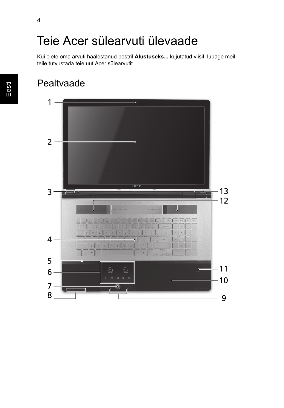 Teie acer sülearvuti ülevaade, Pealtvaade | Acer Aspire 8943G User Manual | Page 246 / 370