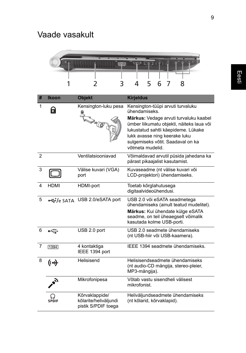 Vaade vasakult | Acer Aspire 8943G User Manual | Page 251 / 370