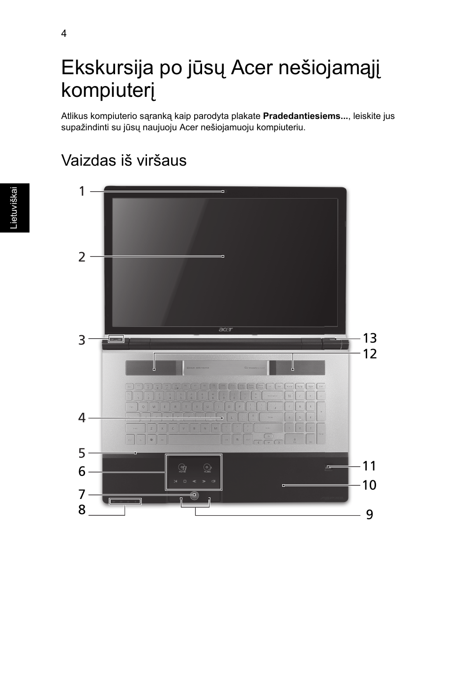 Ekskursija po jūsų acer nešiojamąjį kompiuterį, Vaizdas iš viršaus | Acer Aspire 8943G User Manual | Page 270 / 370