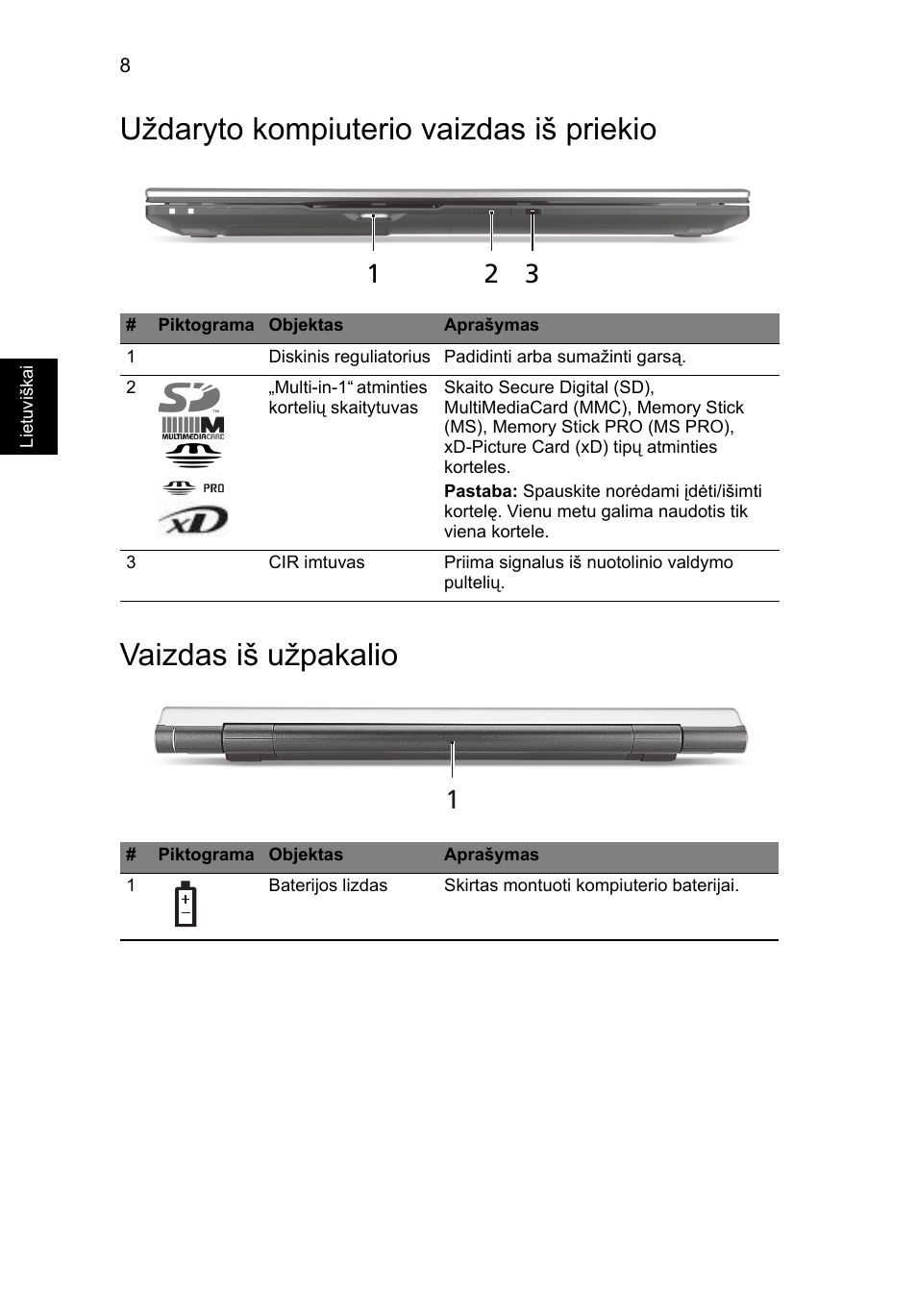 Uždaryto kompiuterio vaizdas iš priekio, Vaizdas iš užpakalio | Acer Aspire 8943G User Manual | Page 274 / 370