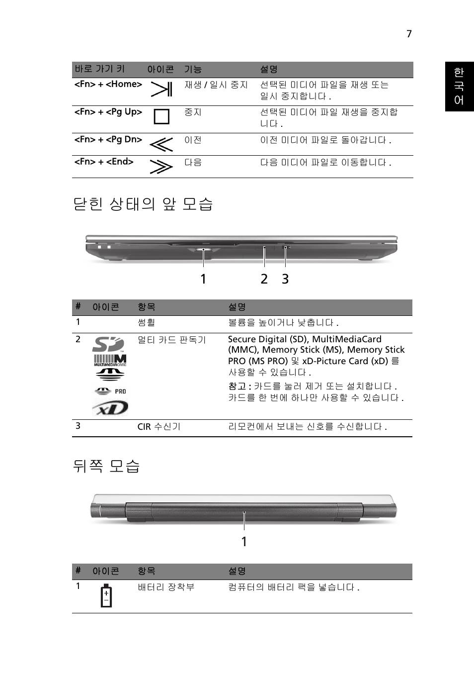 닫힌 상태의 앞 모습, 뒤쪽 모습, 닫힌 상태의 앞 모습 뒤쪽 모습 | Acer Aspire 8943G User Manual | Page 321 / 370