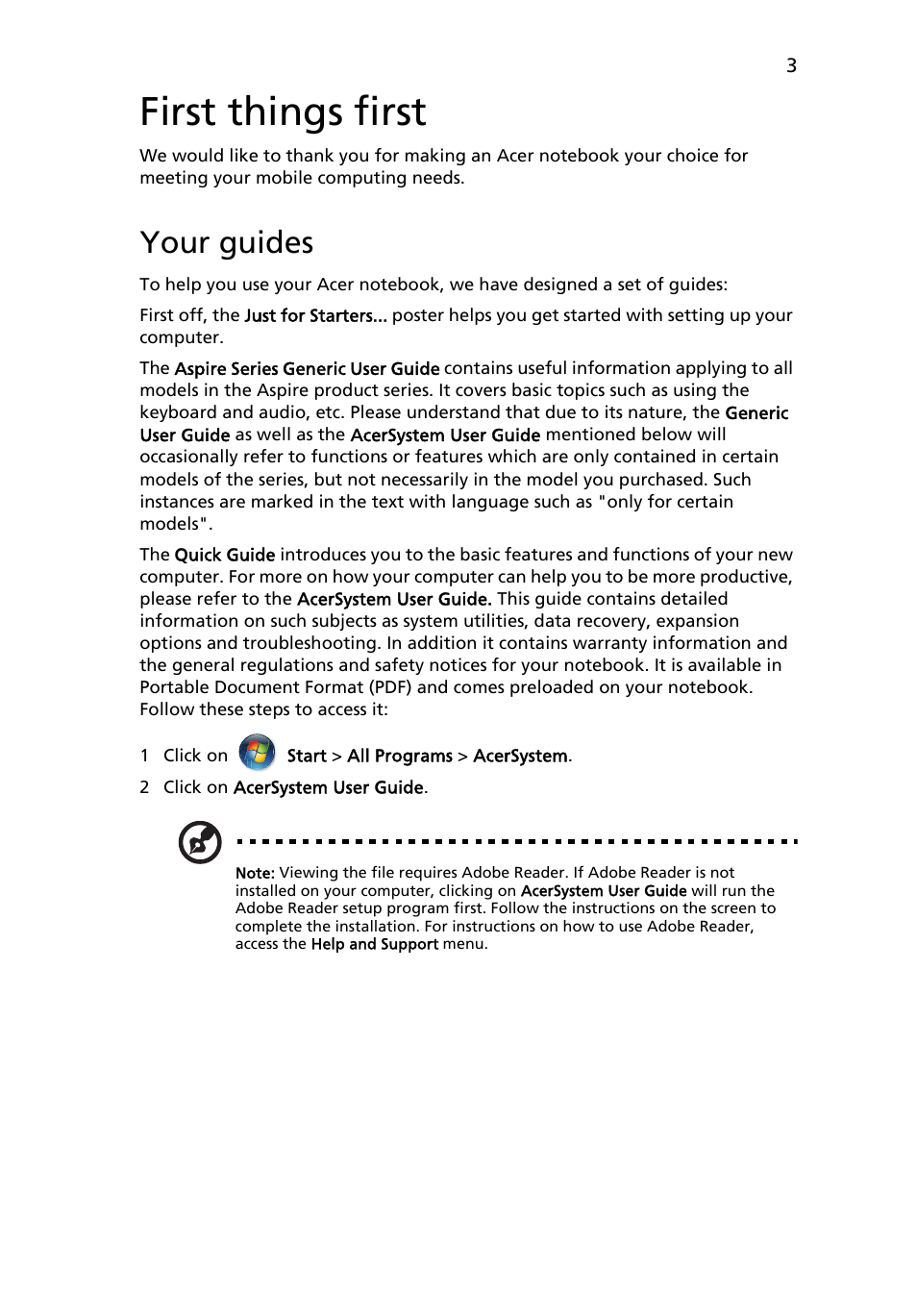 English, Your guides, First things first | Acer Aspire 8943G User Manual | Page 5 / 370