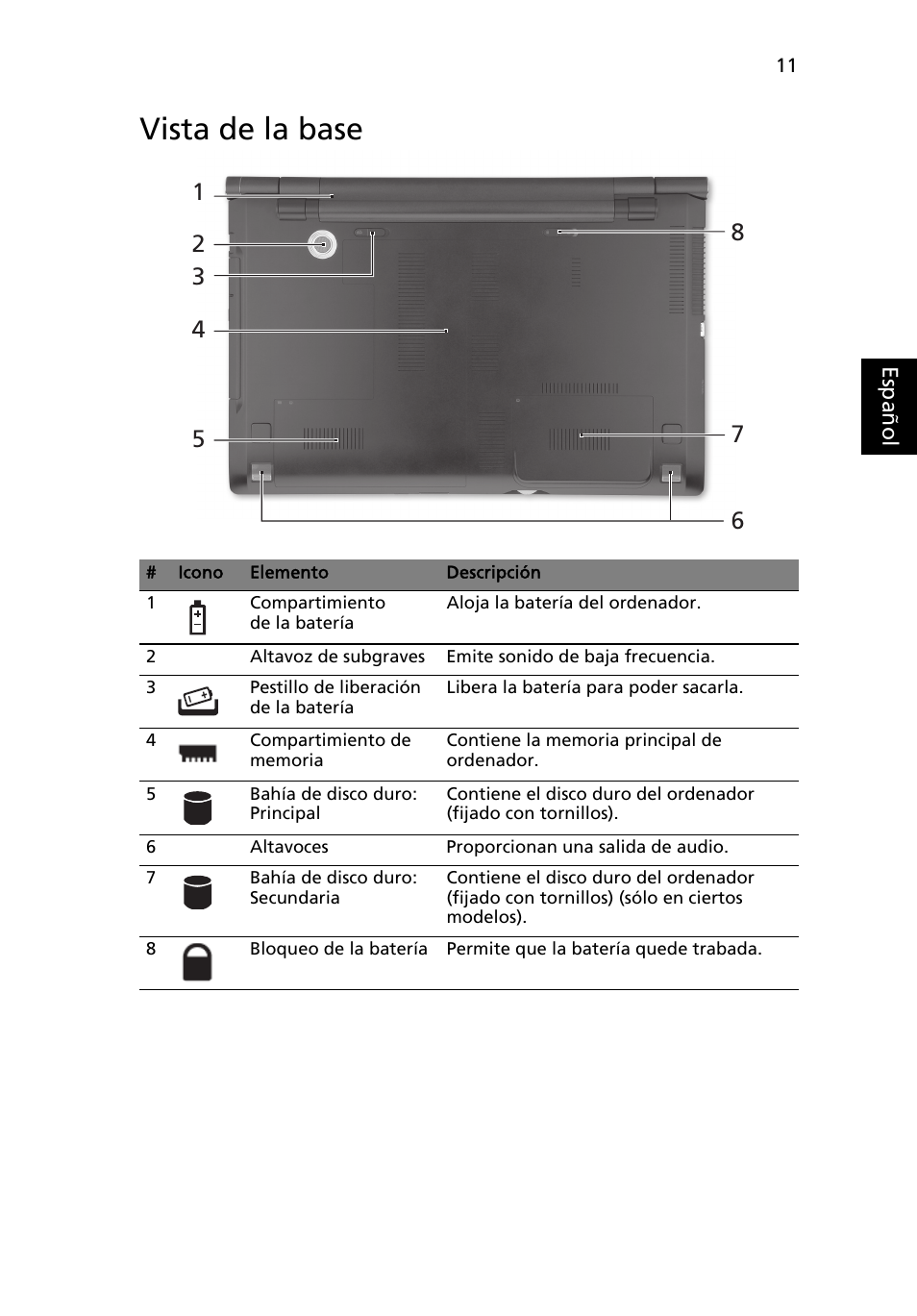 Vista de la base | Acer Aspire 8943G User Manual | Page 61 / 370