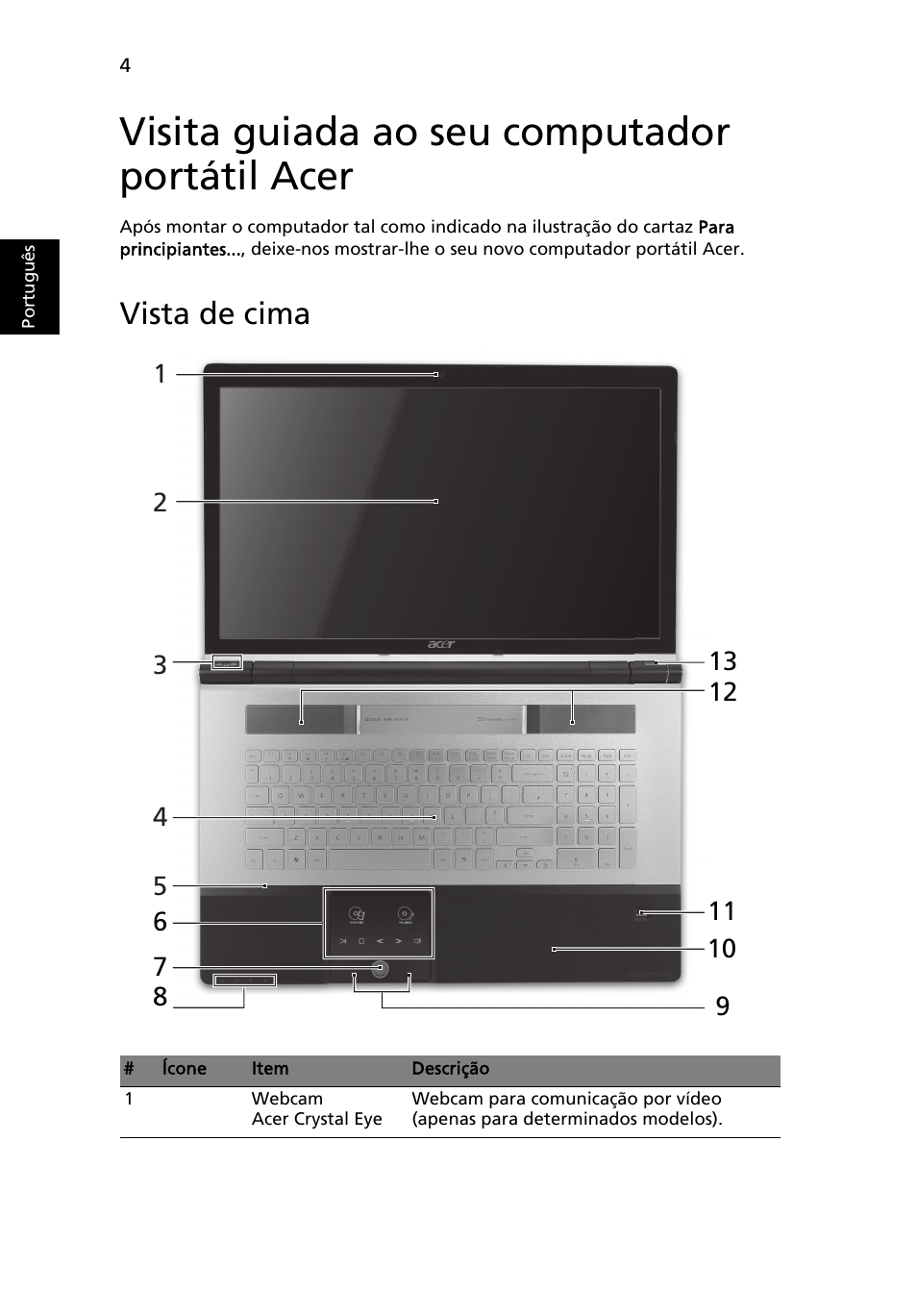 Visita guiada ao seu computador portátil acer, Vista de cima | Acer Aspire 8943G User Manual | Page 66 / 370