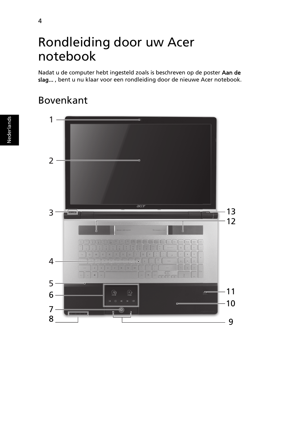 Rondleiding door uw acer notebook, Bovenkant | Acer Aspire 8943G User Manual | Page 78 / 370