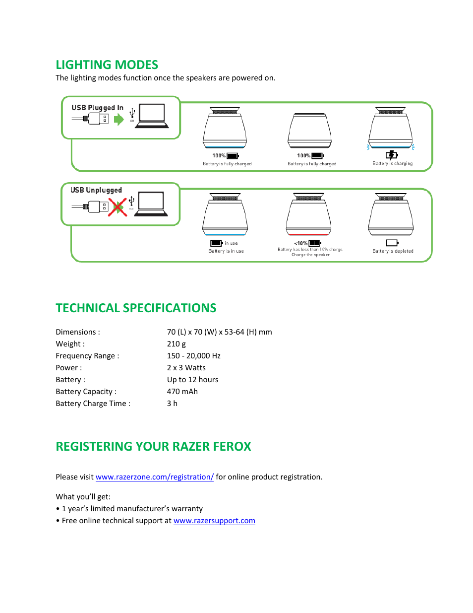 Lighting modes, Technical specifications, Registering your razer ferox | Razer Ferox User Manual | Page 3 / 16