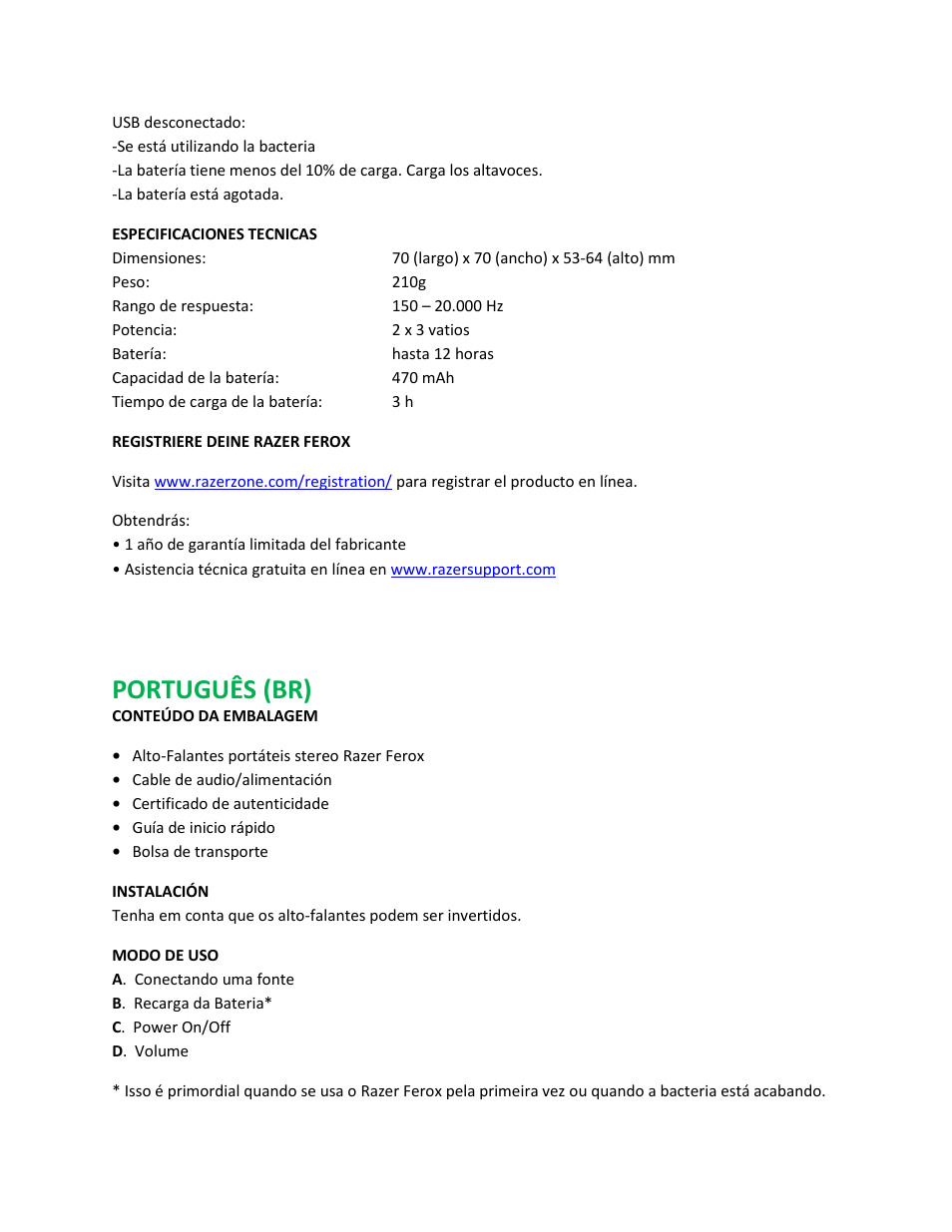 Português (br) | Razer Ferox User Manual | Page 7 / 16