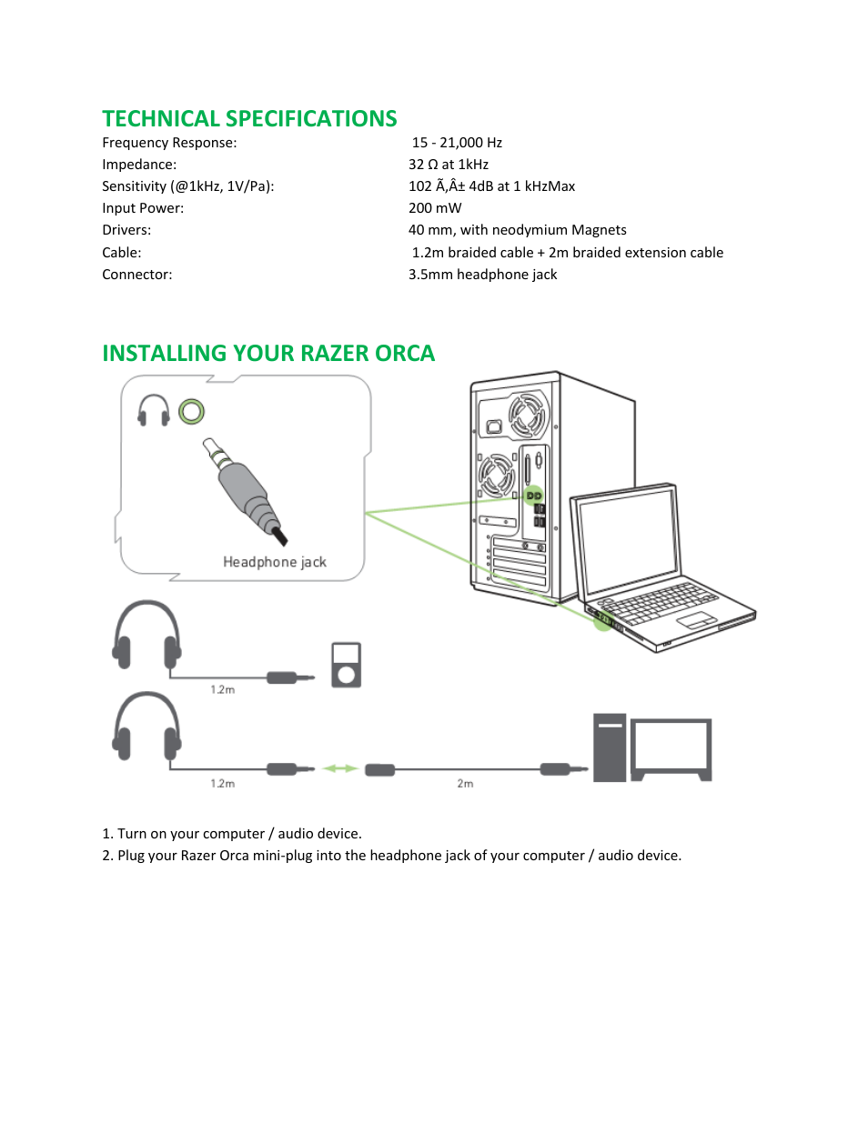 Technical specifications, Installing your razer orca | Razer Orca User Manual | Page 3 / 13