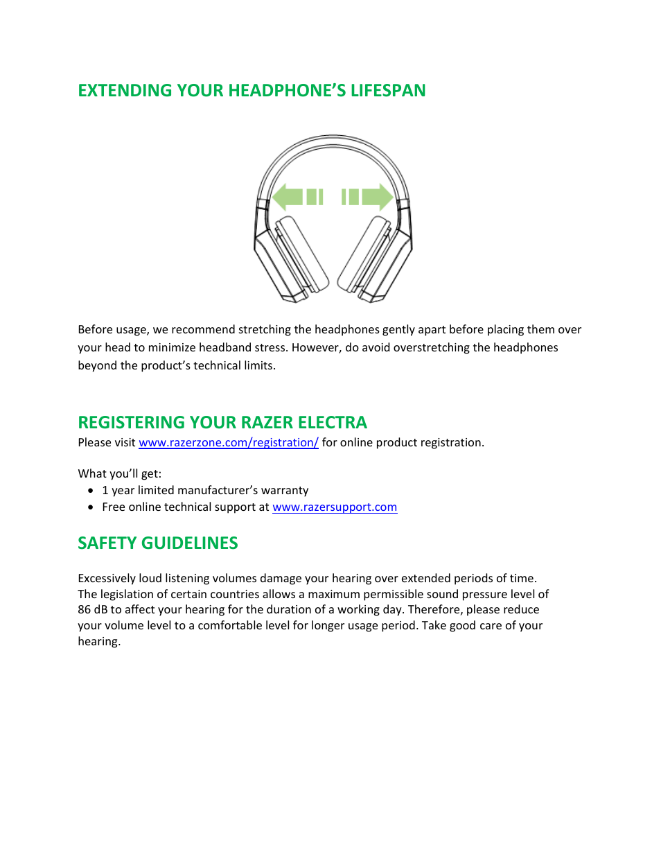 Extending your headphone’s lifespan, Registering your razer electra, Safety guidelines | Razer Electra User Manual | Page 4 / 14