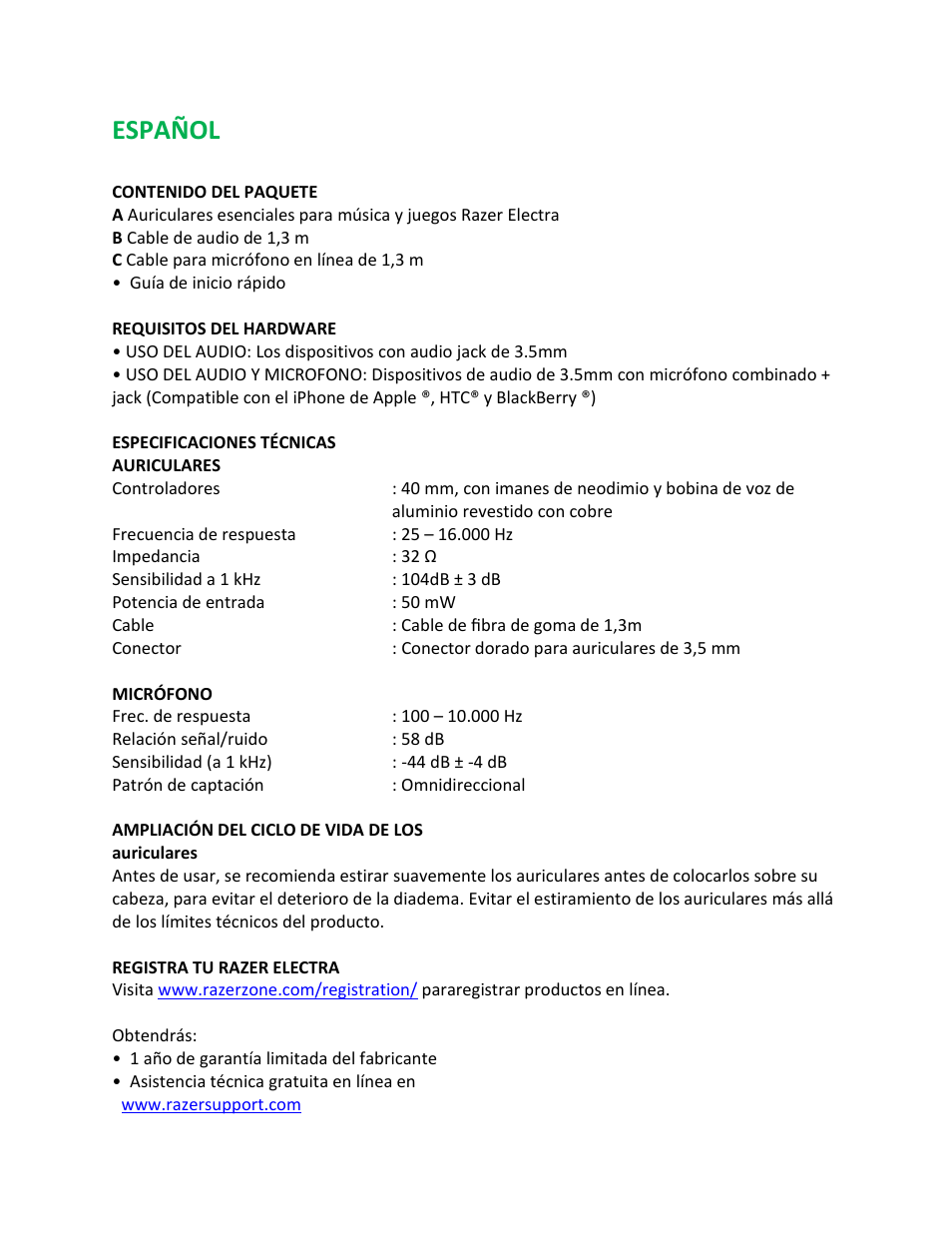 Español | Razer Electra User Manual | Page 7 / 14