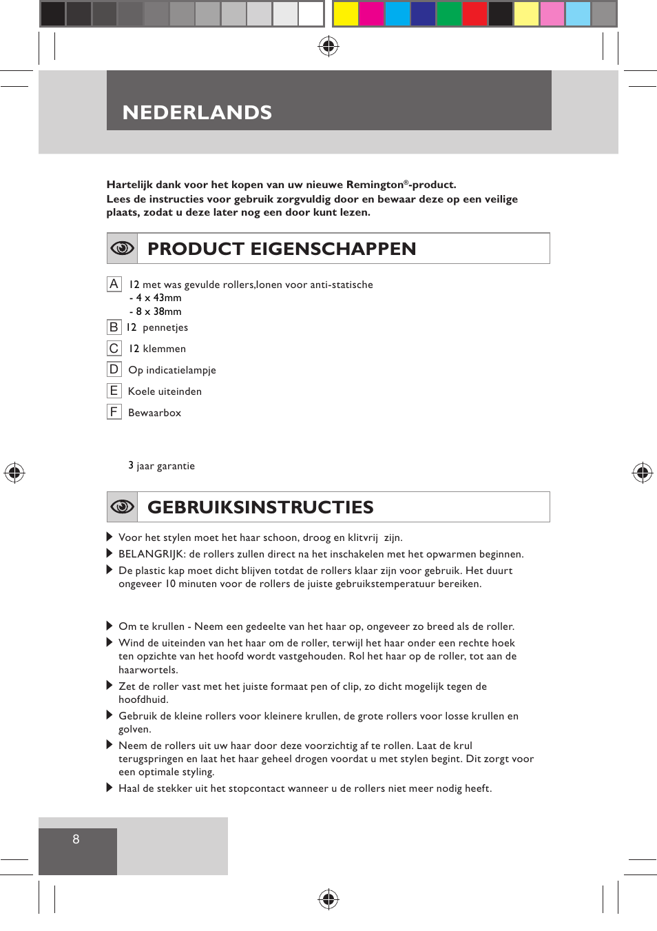 Nederlands, Product eigenschappen, Gebruiksinstructies | Remington H0747 User Manual | Page 10 / 73