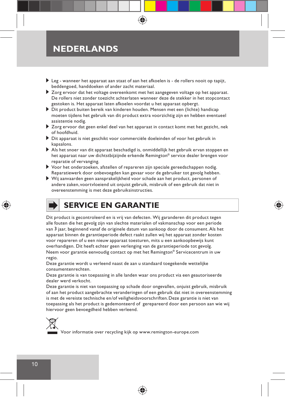 Nederlands, Service en garantie | Remington H0747 User Manual | Page 12 / 73