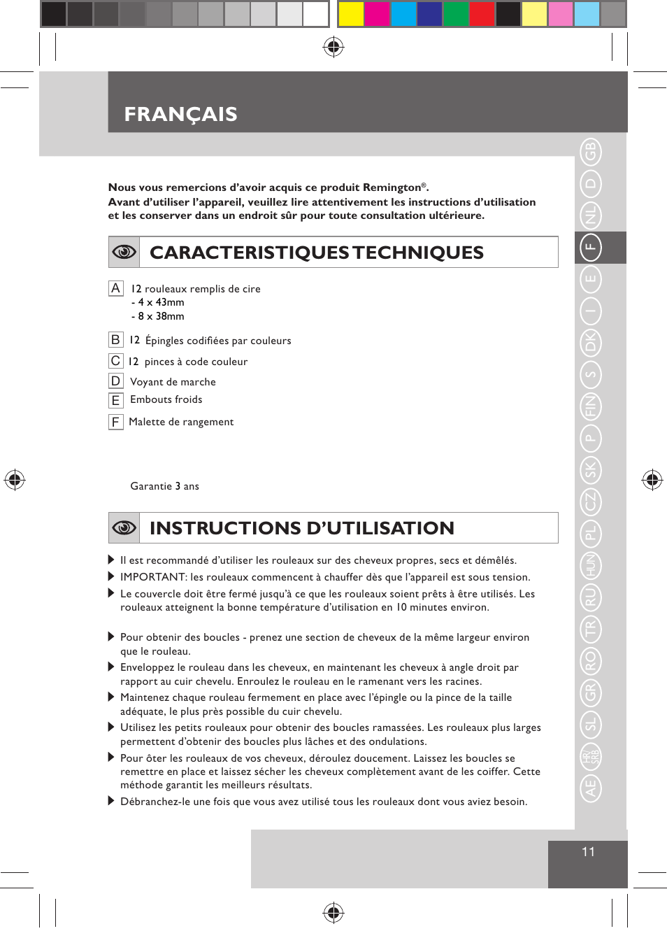 Français, Caracteristiques techniques, Instructions d’utilisation | Remington H0747 User Manual | Page 13 / 73