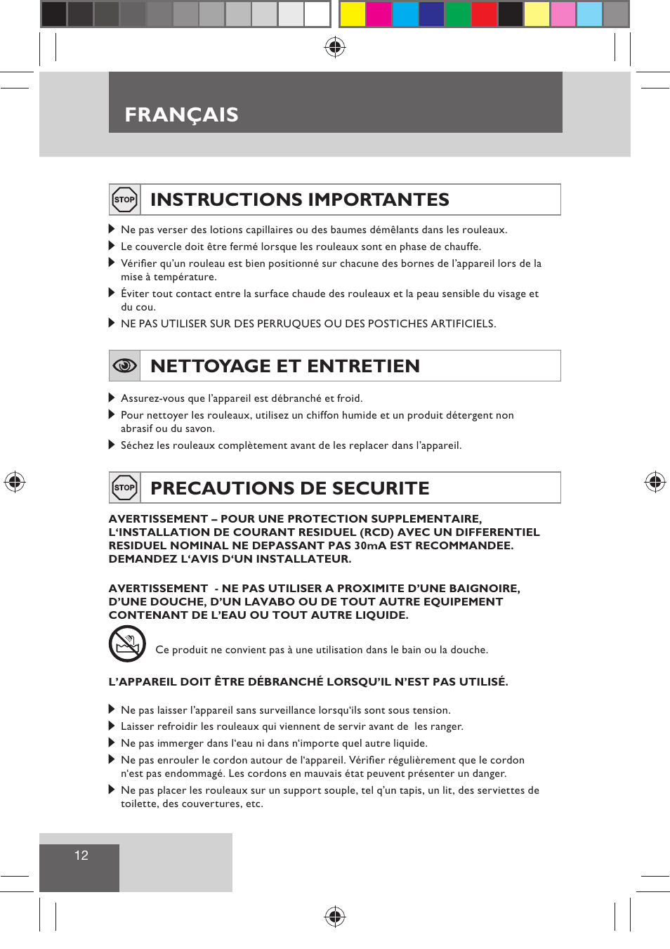 Français, Instructions importantes, Nettoyage et entretien | Precautions de securite | Remington H0747 User Manual | Page 14 / 73