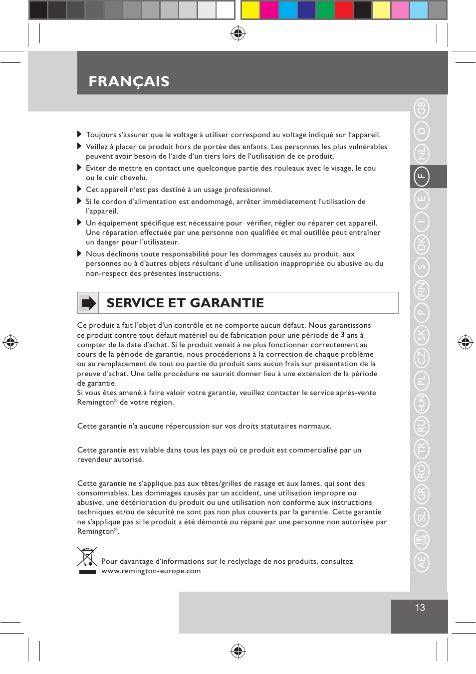 Français, Service et garantie | Remington H0747 User Manual | Page 15 / 73