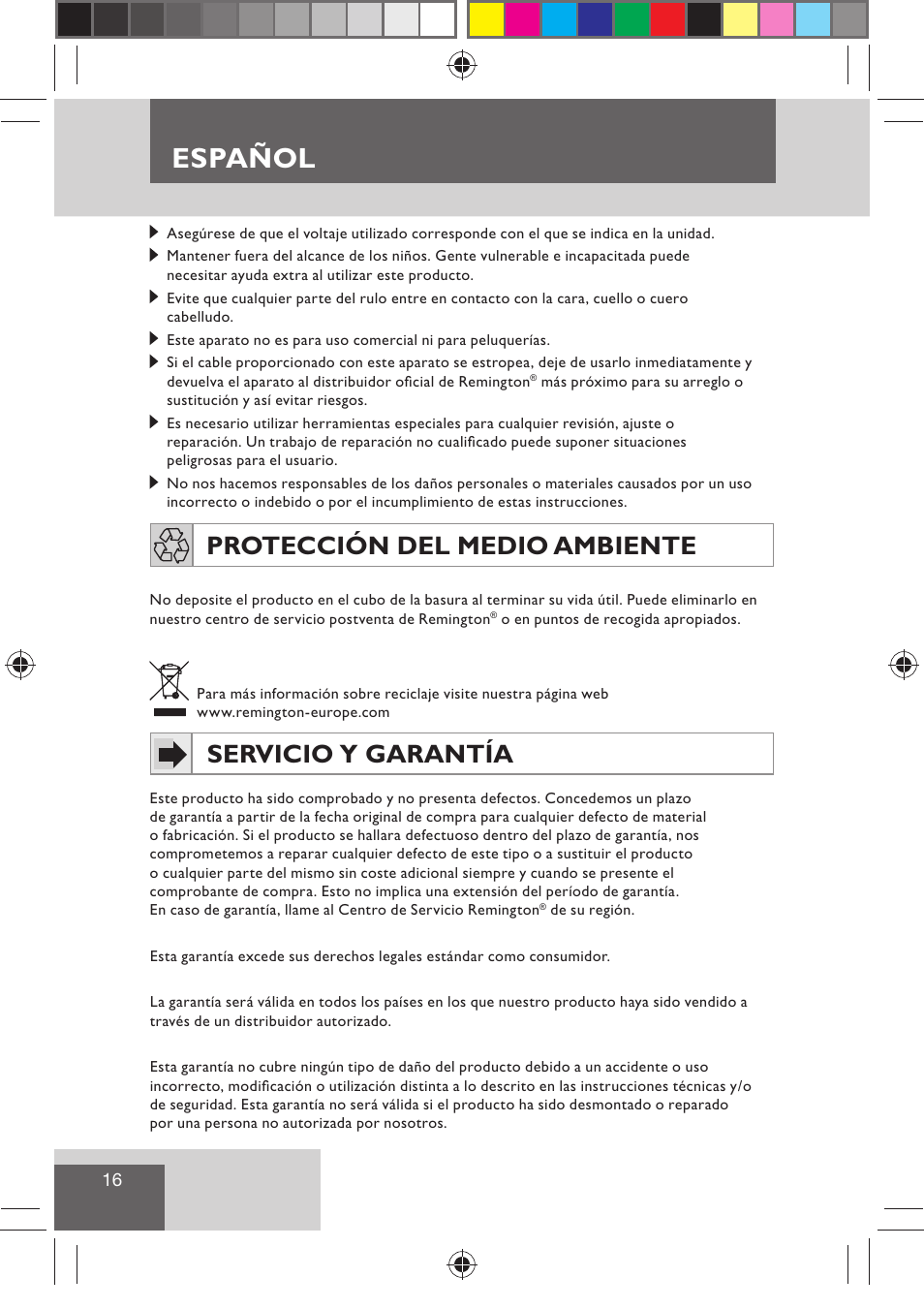 Español, Servicio y garantía, Protección del medio ambiente | Remington H0747 User Manual | Page 18 / 73