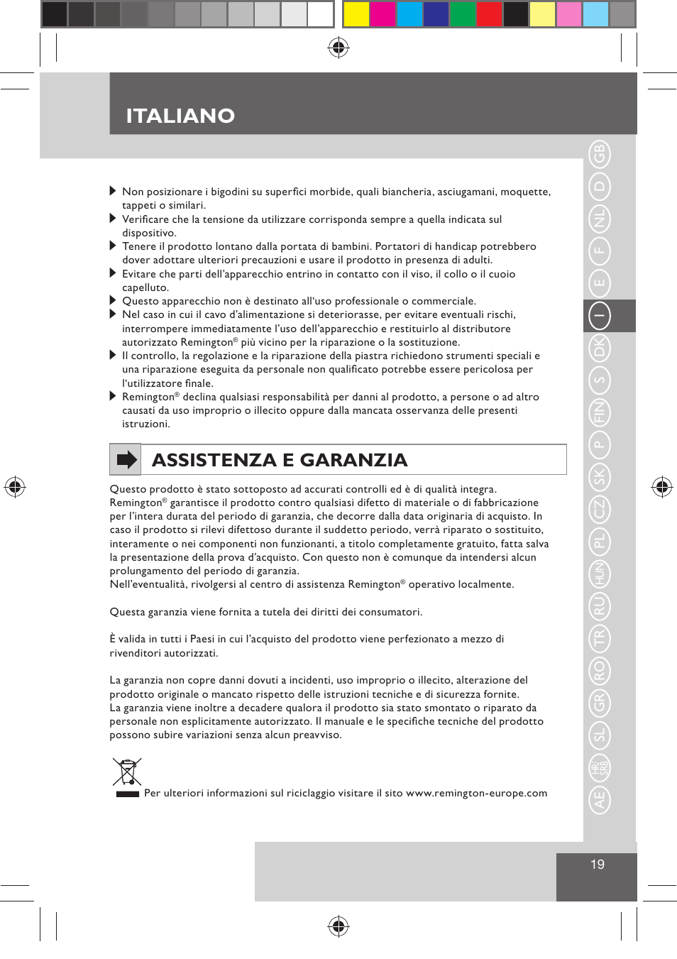 Italiano, Assistenza e garanzia | Remington H0747 User Manual | Page 21 / 73