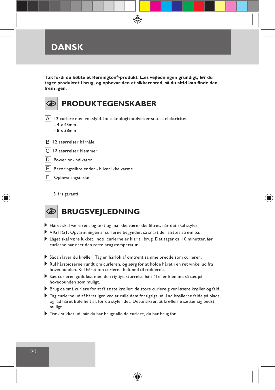 Dansk, Produktegenskaber, Brugsvejledning | Remington H0747 User Manual | Page 22 / 73