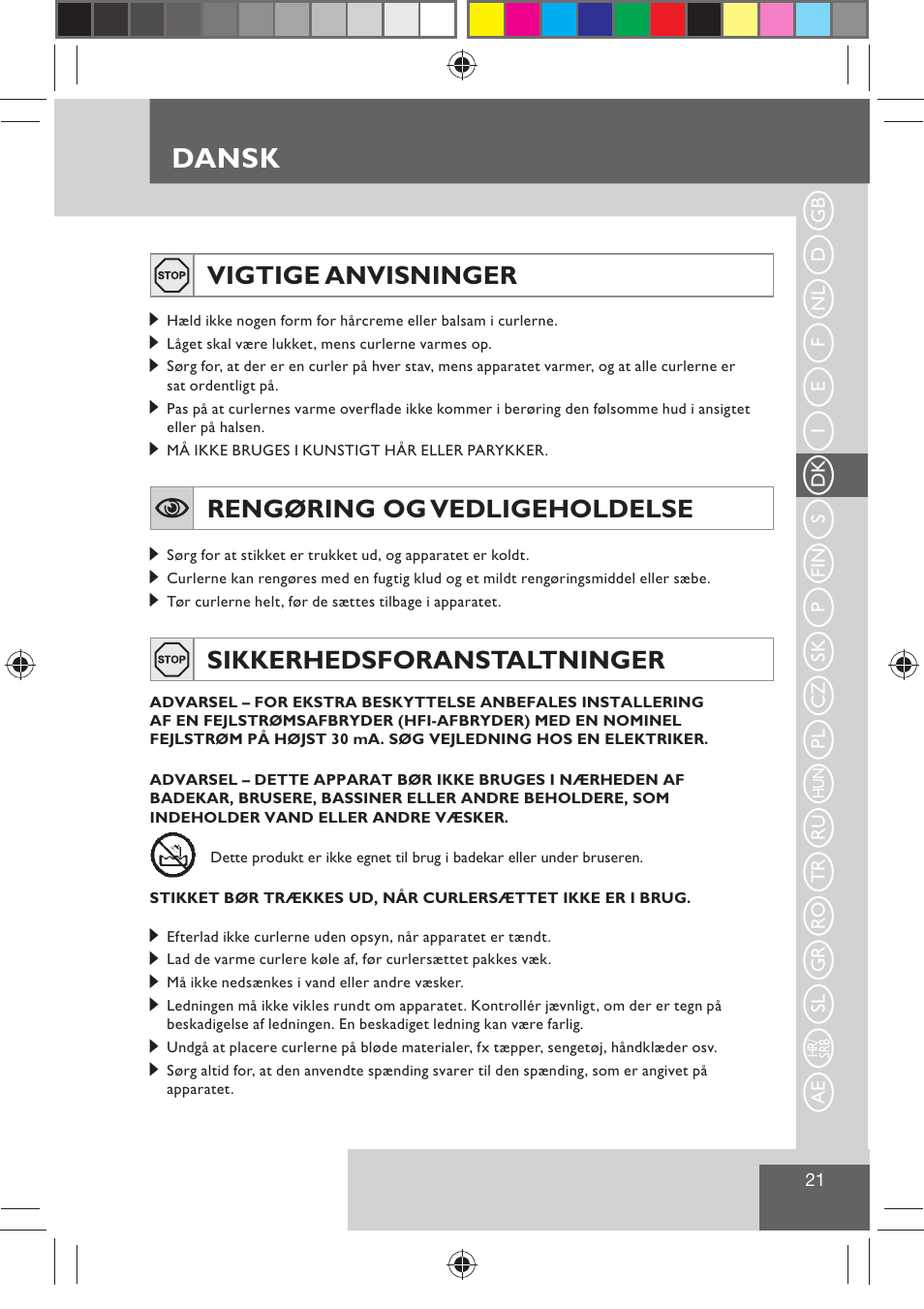 Dansk, Vigtige anvisninger, Rengøring og vedligeholdelse | Sikkerhedsforanstaltninger | Remington H0747 User Manual | Page 23 / 73