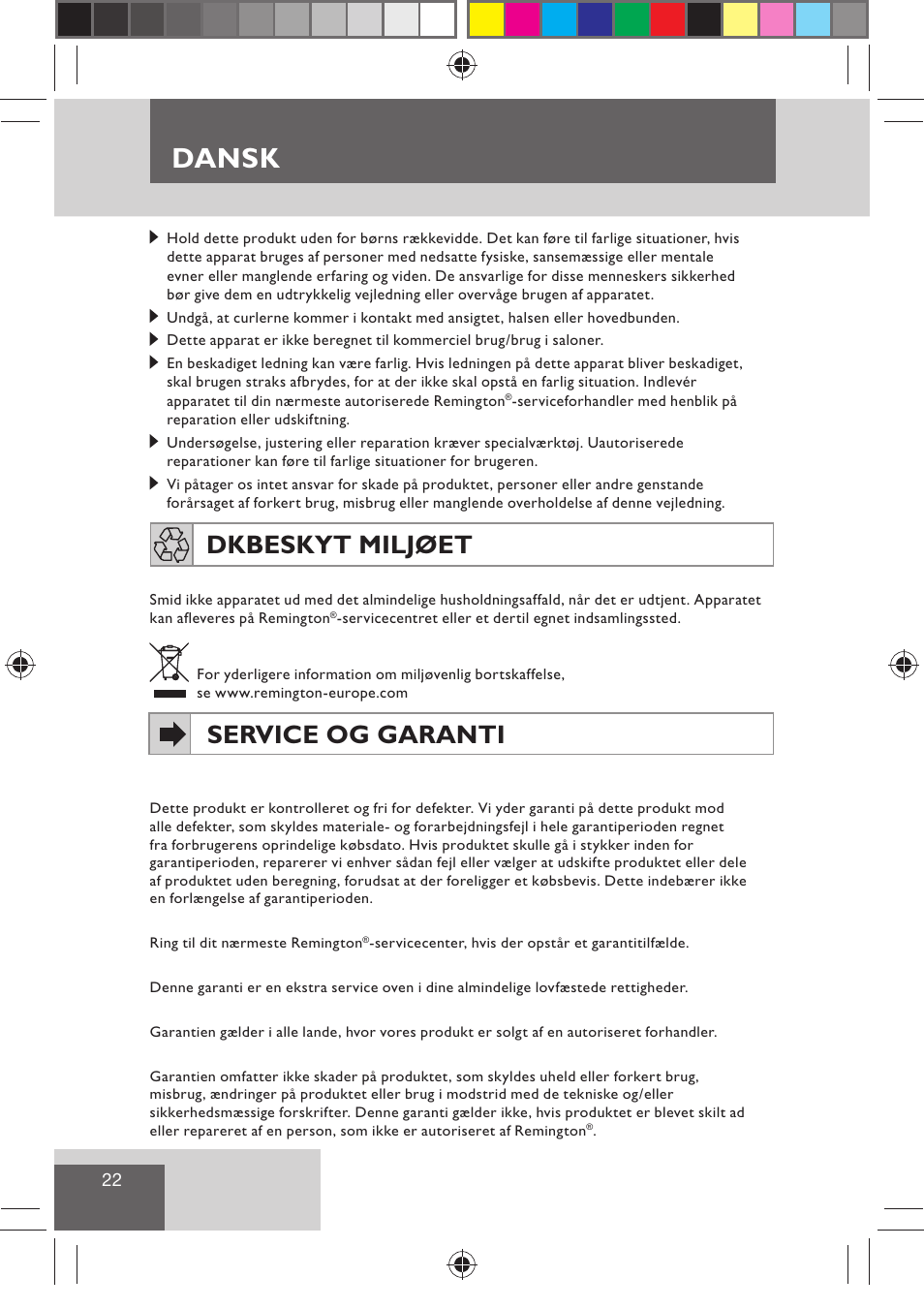 Dansk, Service og garanti, Dk beskyt miljøet | Remington H0747 User Manual | Page 24 / 73