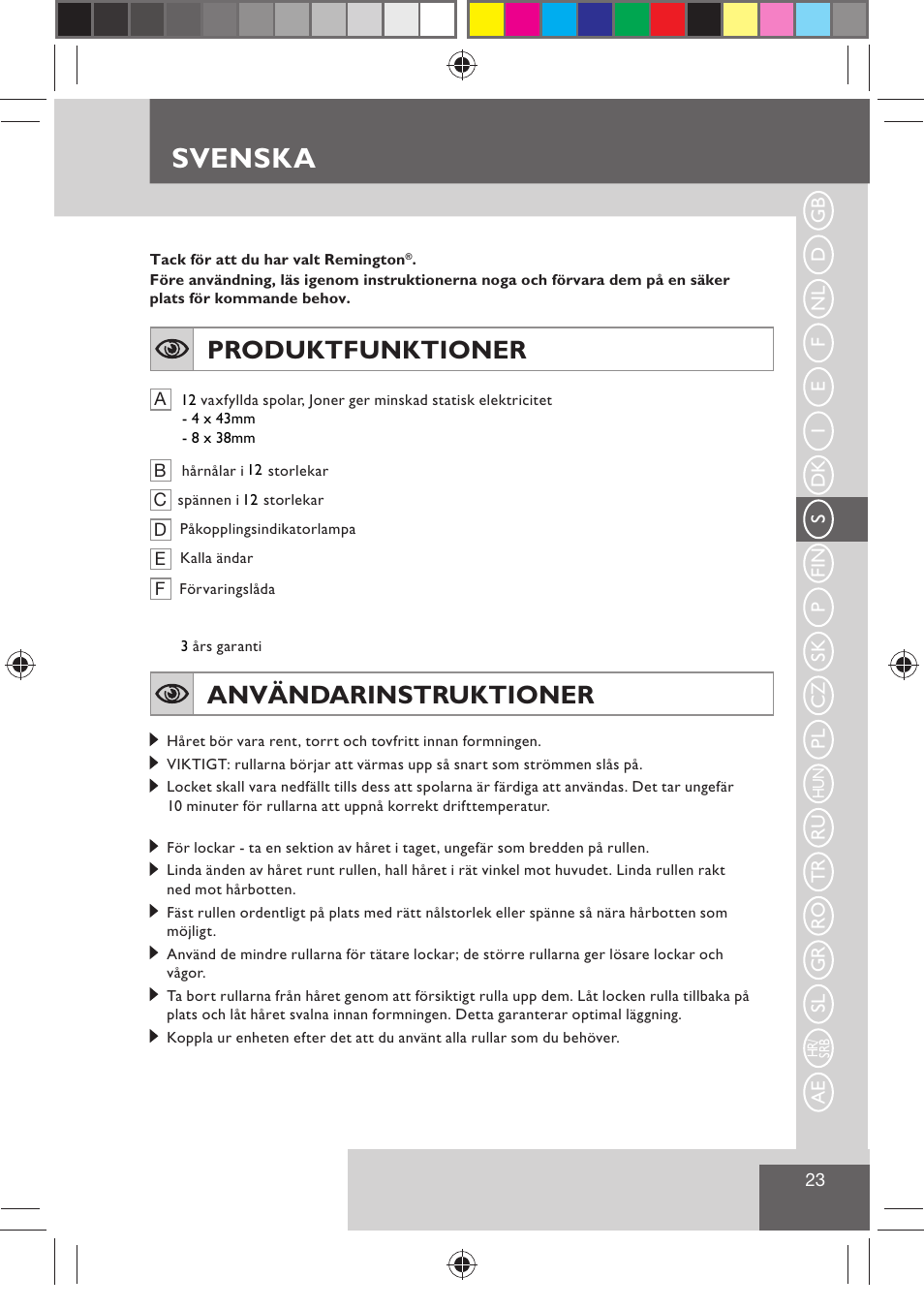 Svenska, Produktfunktioner, Användarinstruktioner | Remington H0747 User Manual | Page 25 / 73