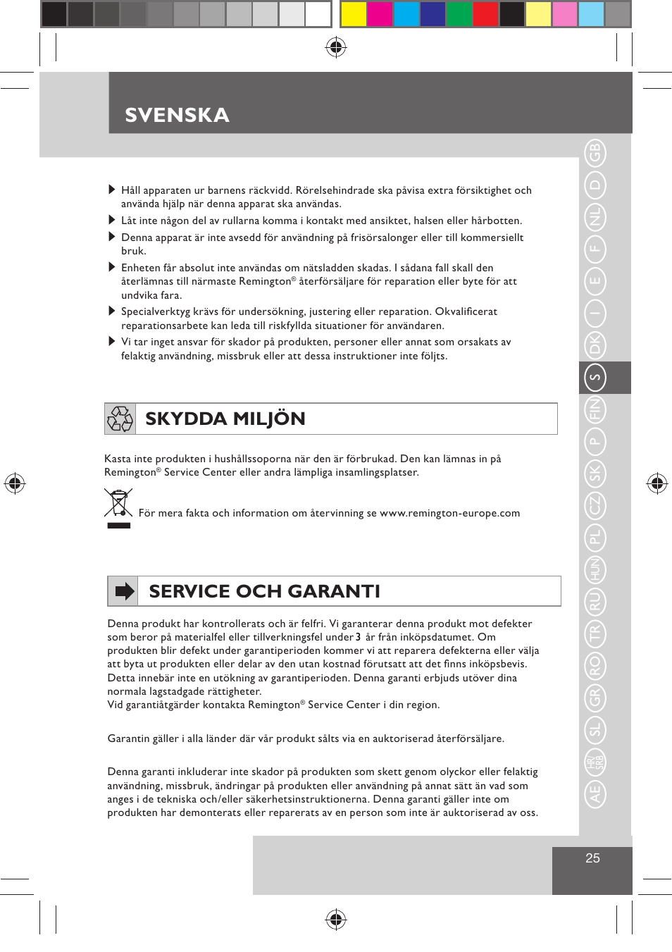 Svenska, Service och garanti, Skydda miljön | Remington H0747 User Manual | Page 27 / 73