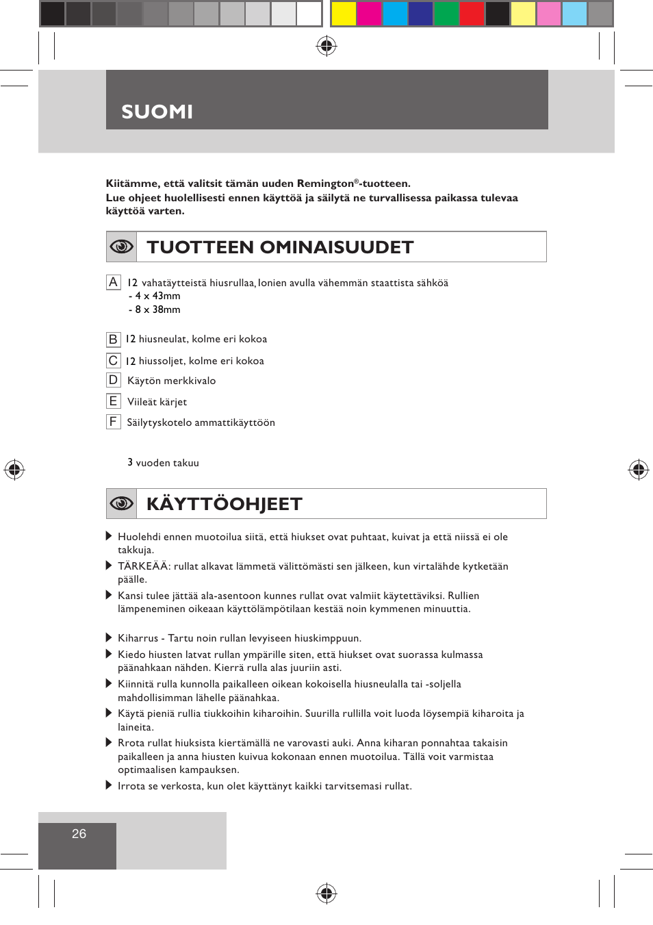 Suomi, Tuotteen ominaisuudet, Käyttöohjeet | Remington H0747 User Manual | Page 28 / 73